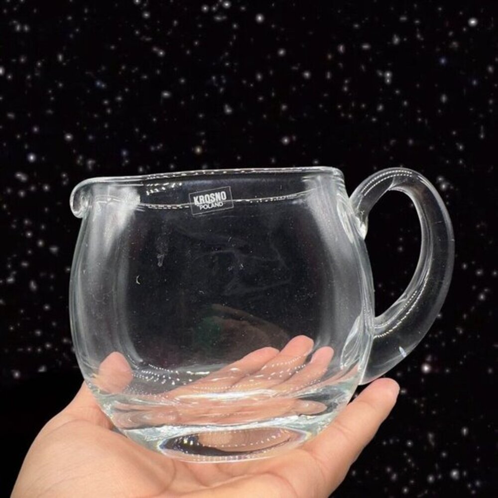 Krosno Poland Hand Blown Polished Crystal Glass Pitcher W Sticker 4.5”W 4”T